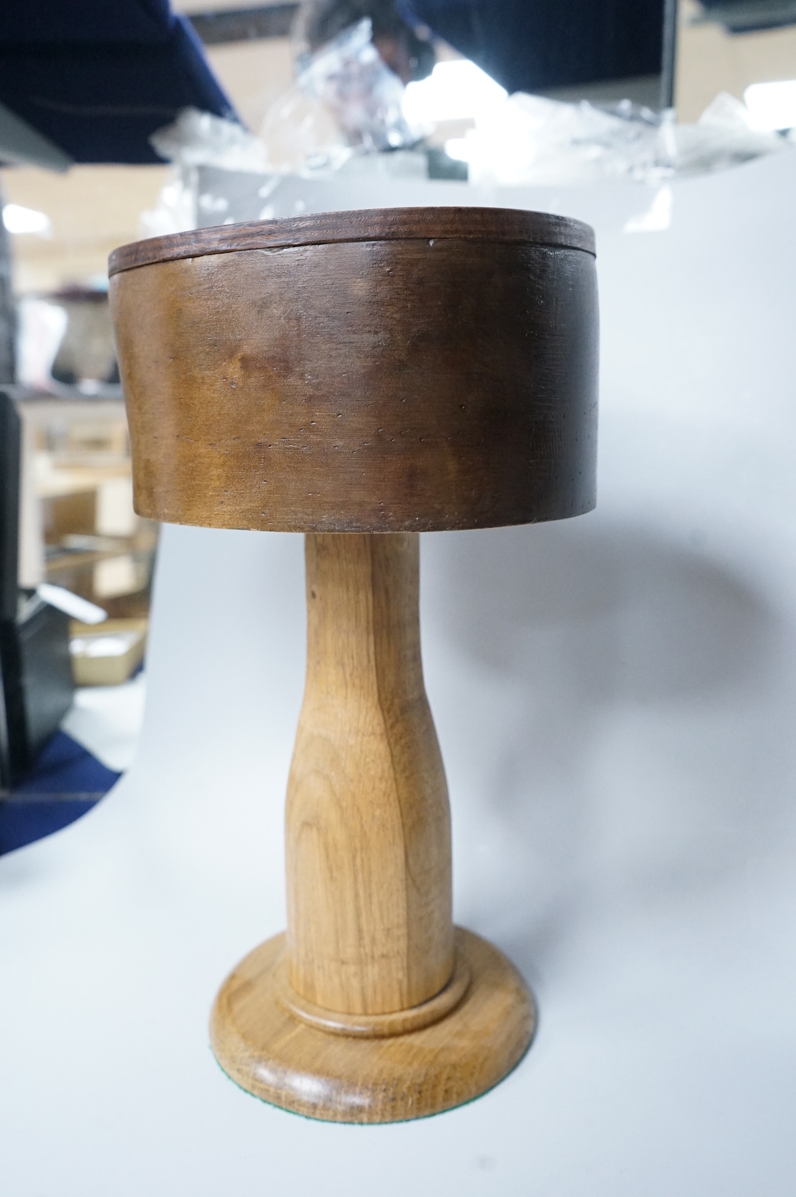Oak and mahogany hat block, 31.5cm high
